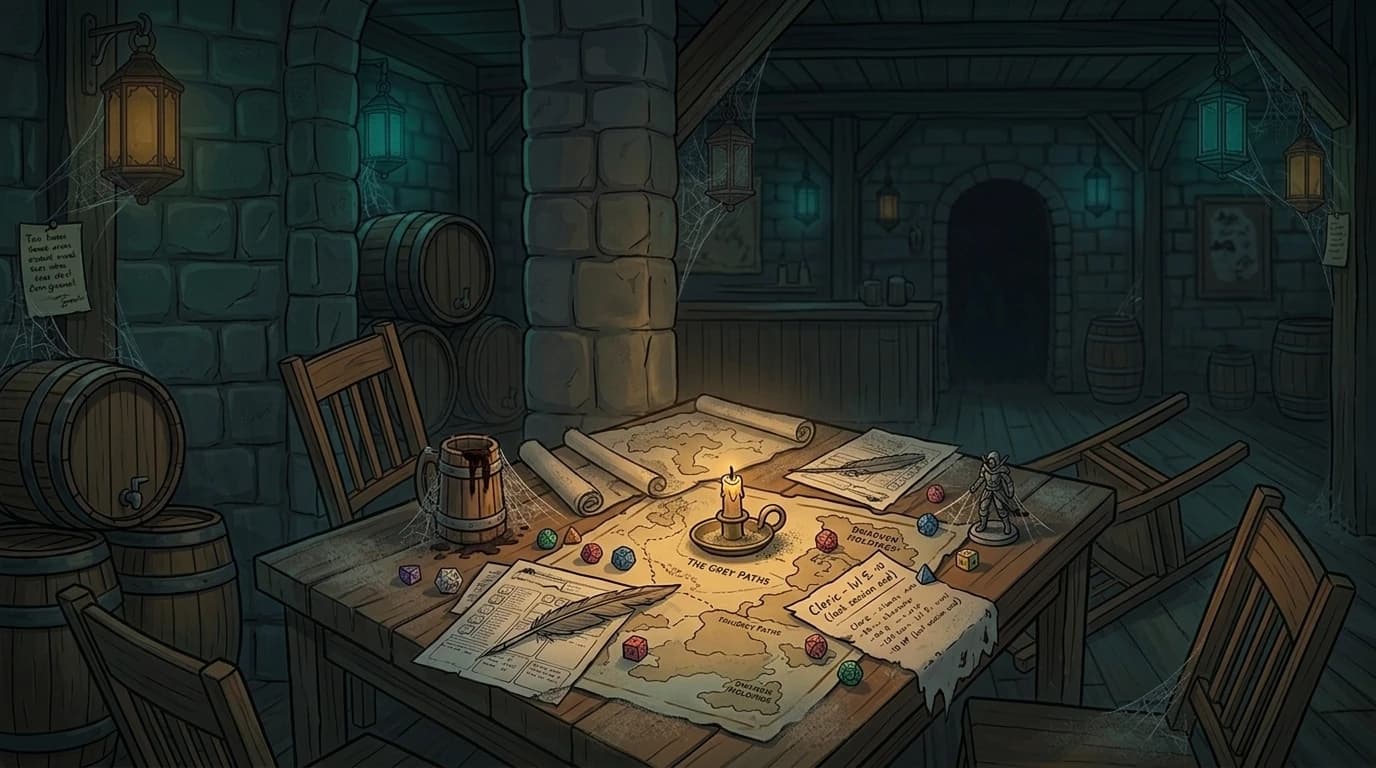 An abandoned tavern gaming table with dusty maps, dice, and character sheets