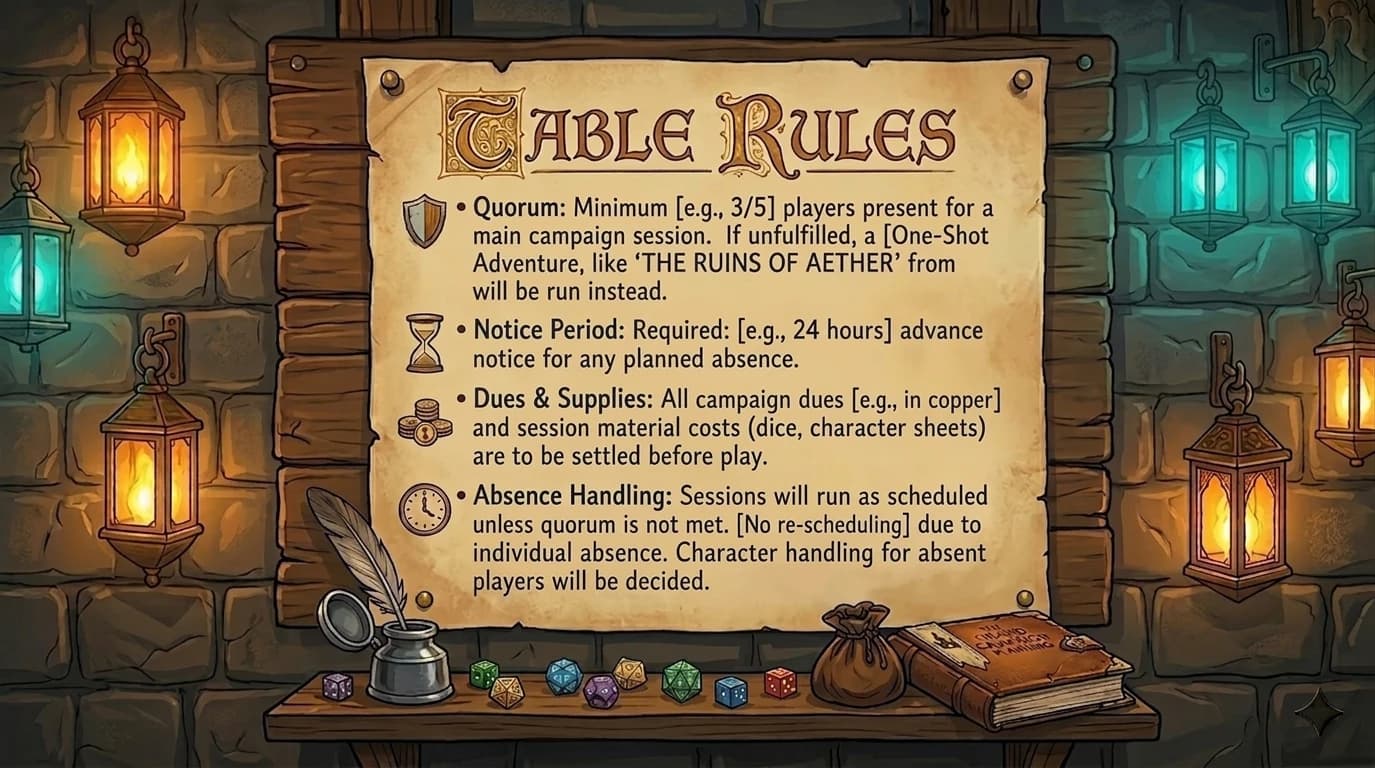 A parchment document titled 'Table Rules' pinned to a tavern notice board
