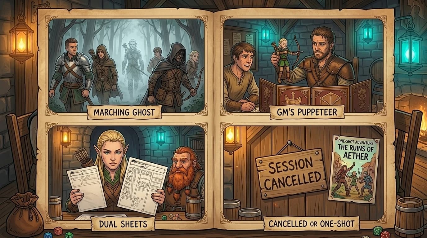 Four illustrated vignettes showing different ways to handle an absent player's character