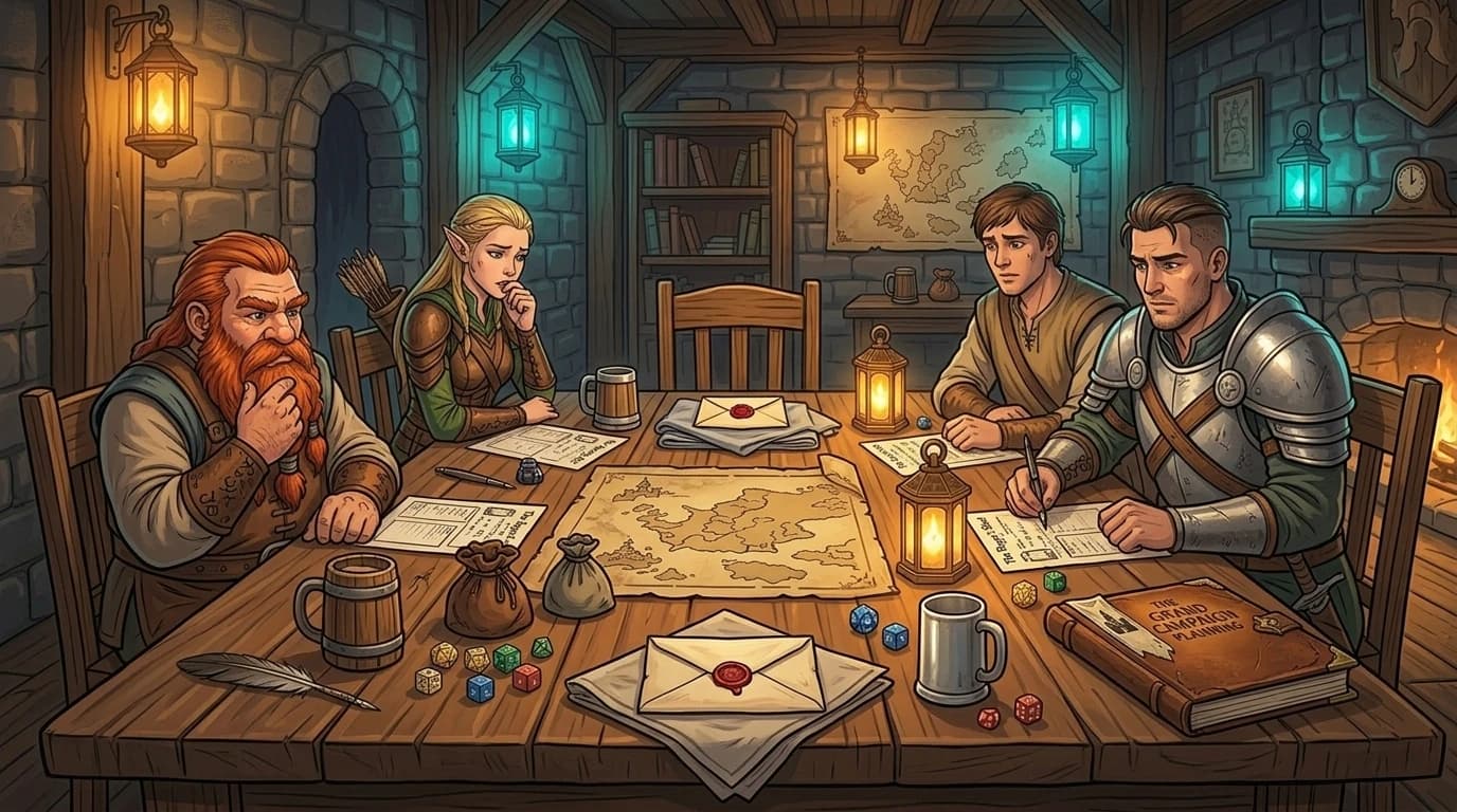 A tavern table set for a TTRPG session with one chair conspicuously empty