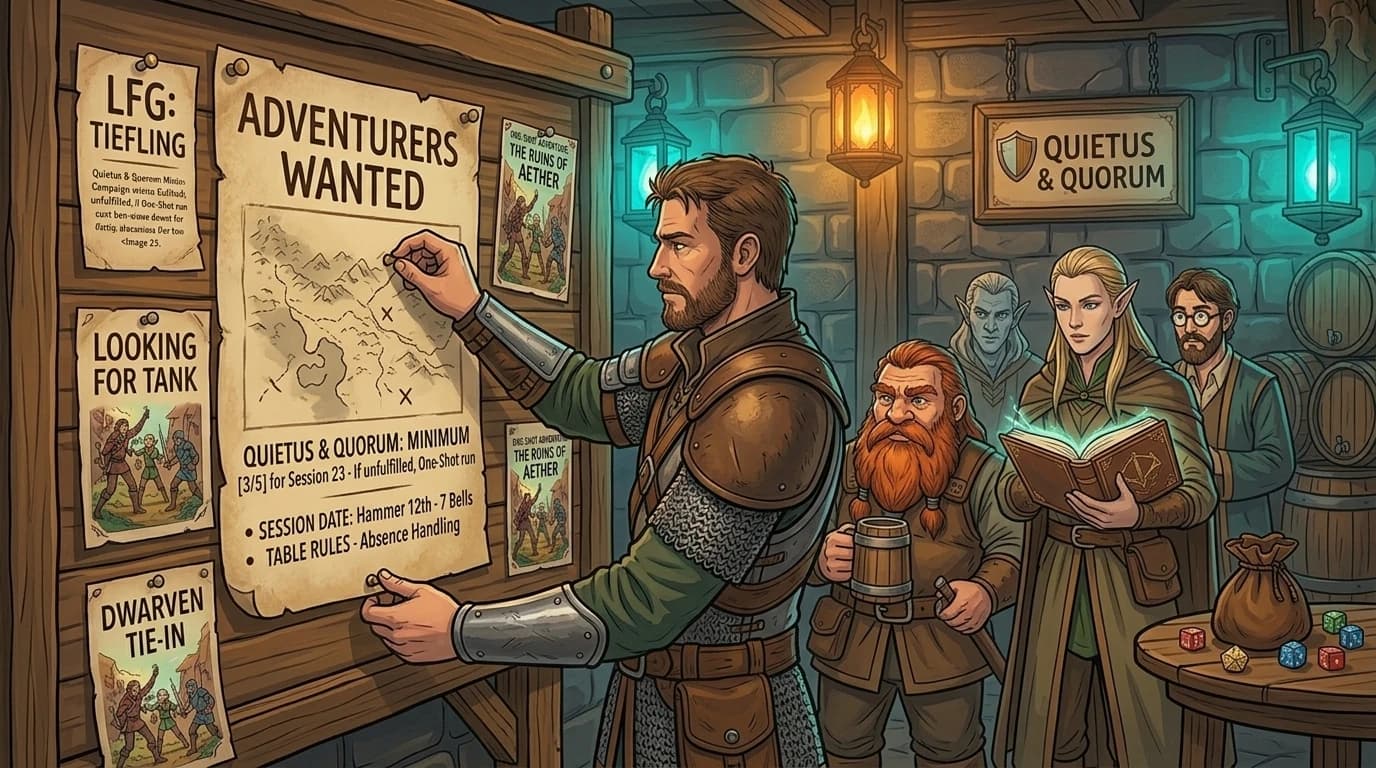 An adventurer pinning an 'Adventurers Wanted' poster to a tavern notice board as curious onlookers read it