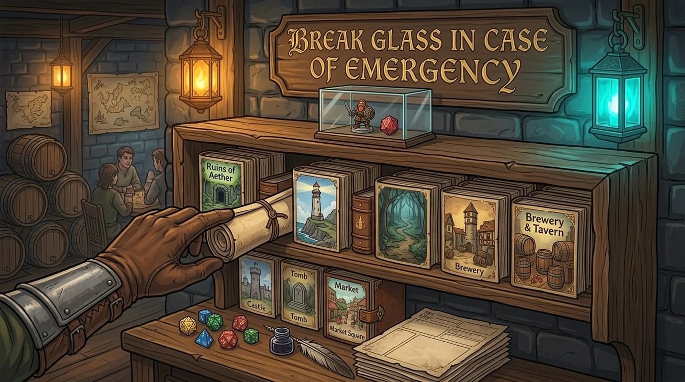 A shelf of ready-to-grab adventure scrolls with a 'Break Glass in Case of Emergency' sign above
