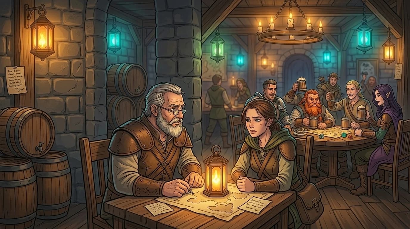 A Game Master having a quiet private conversation with a player at a corner table