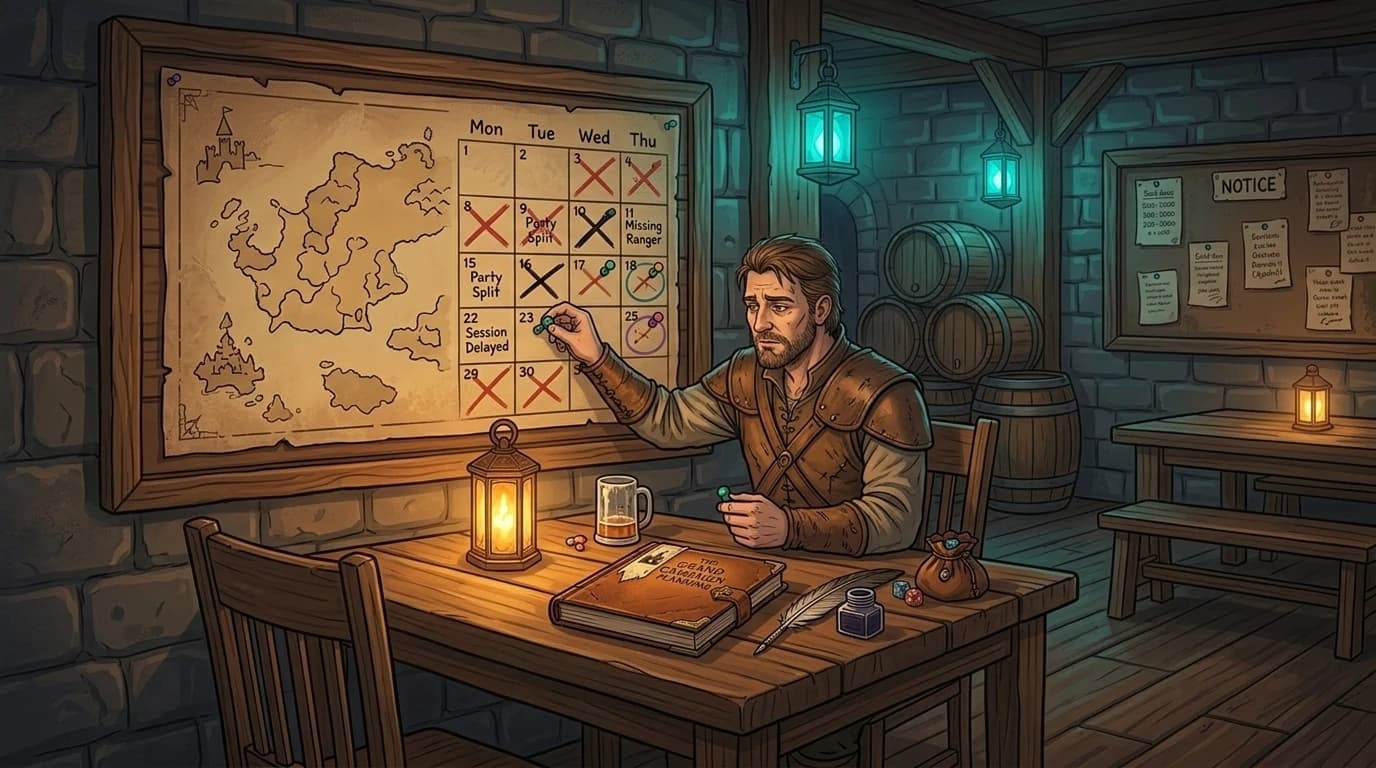 A Game Master rearranging pins on a scheduling board between sessions