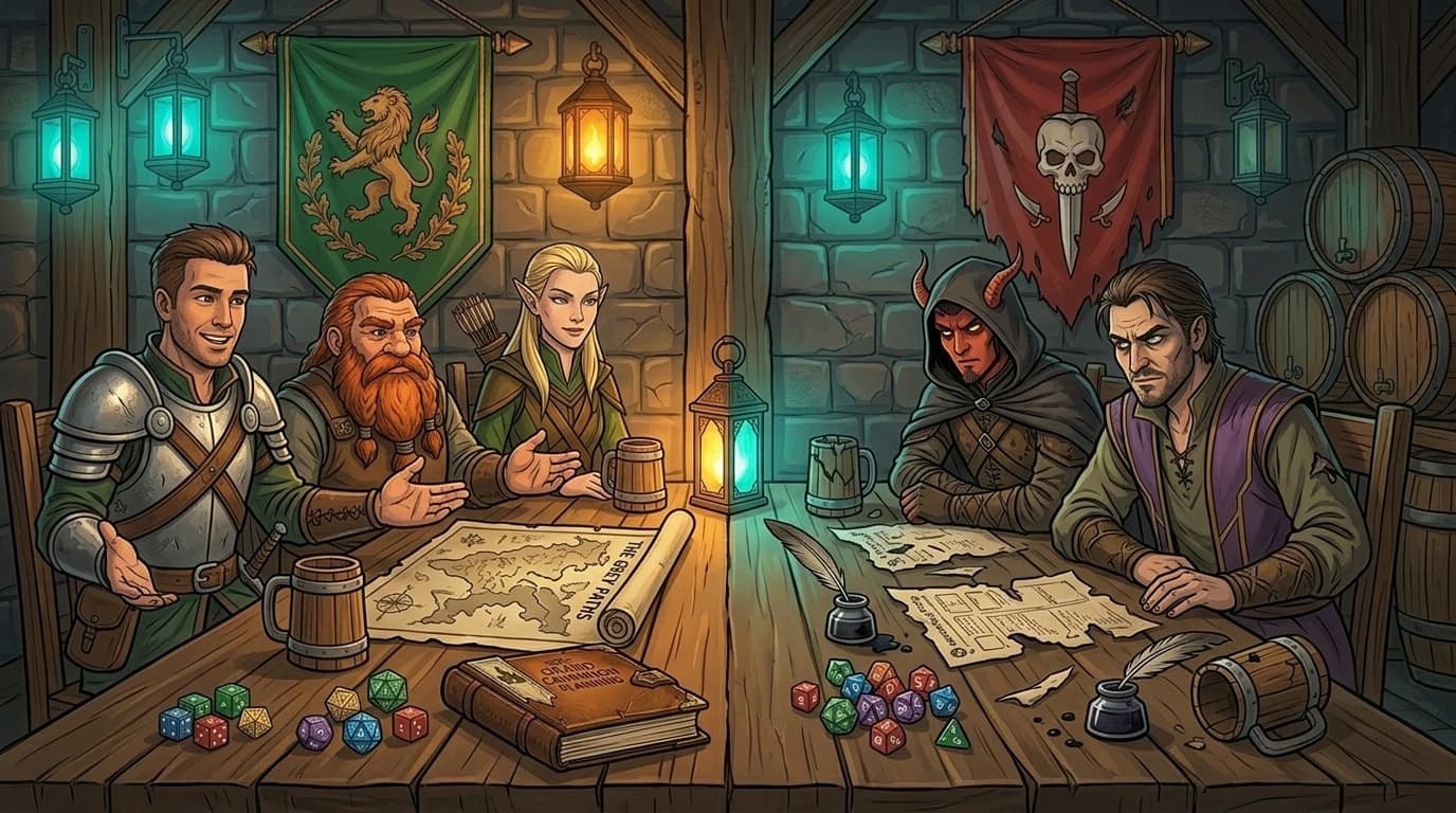 Split scene: a welcoming group under a green pennant on the left, a suspicious group under a red pennant on the right