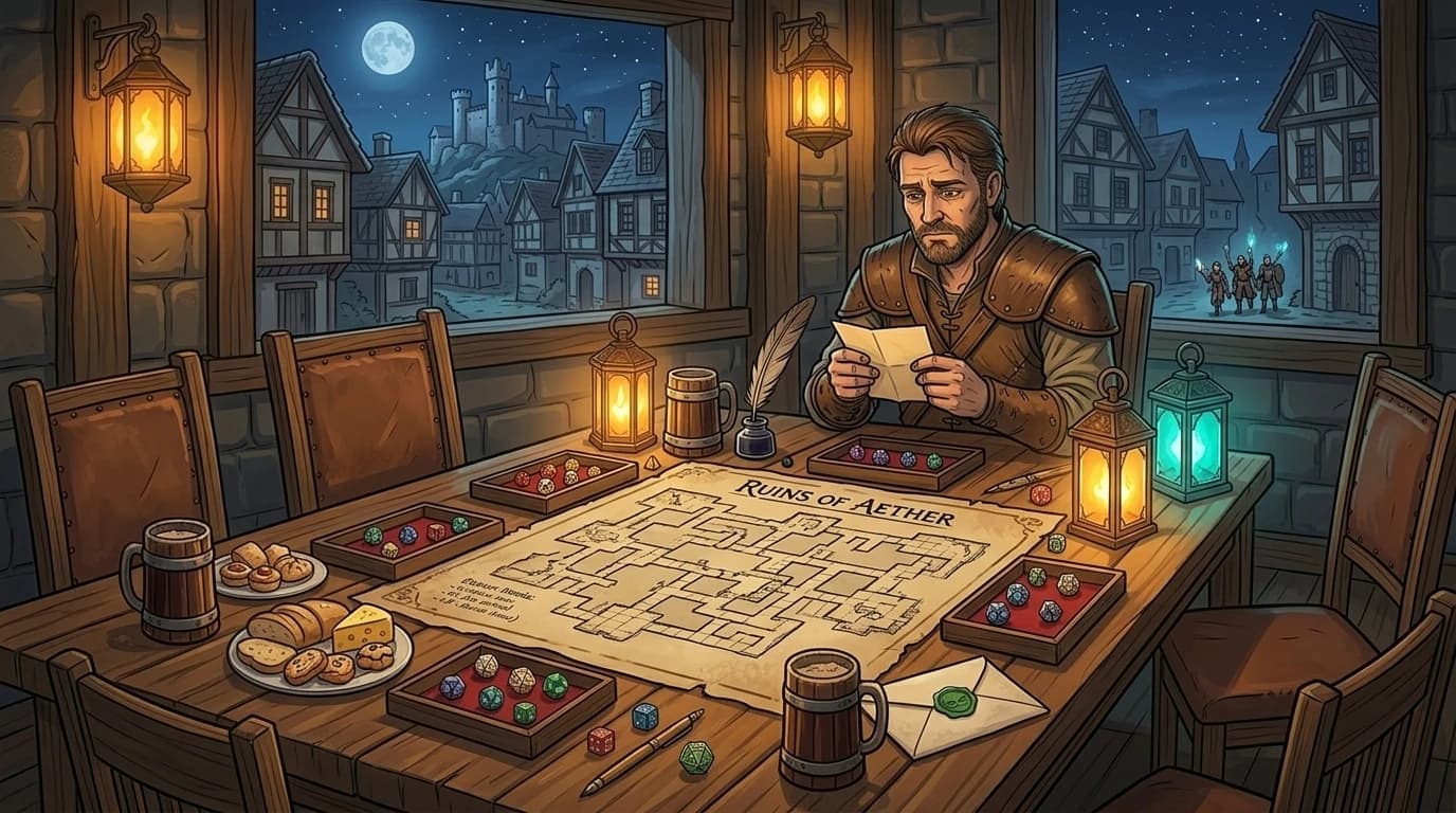 A fully set game table with only the GM seated, holding a cancellation note with a determined expression