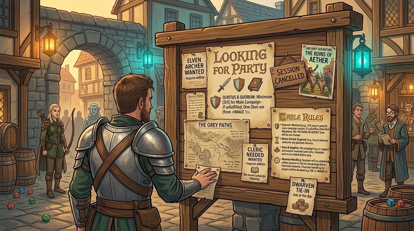 An adventurer studying a notice board covered in 'Looking for Party' flyers in a town square