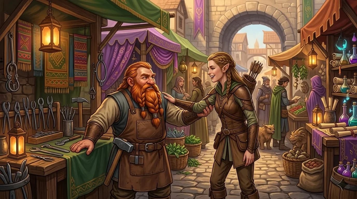 Two characters with a shared backstory meeting in a marketplace