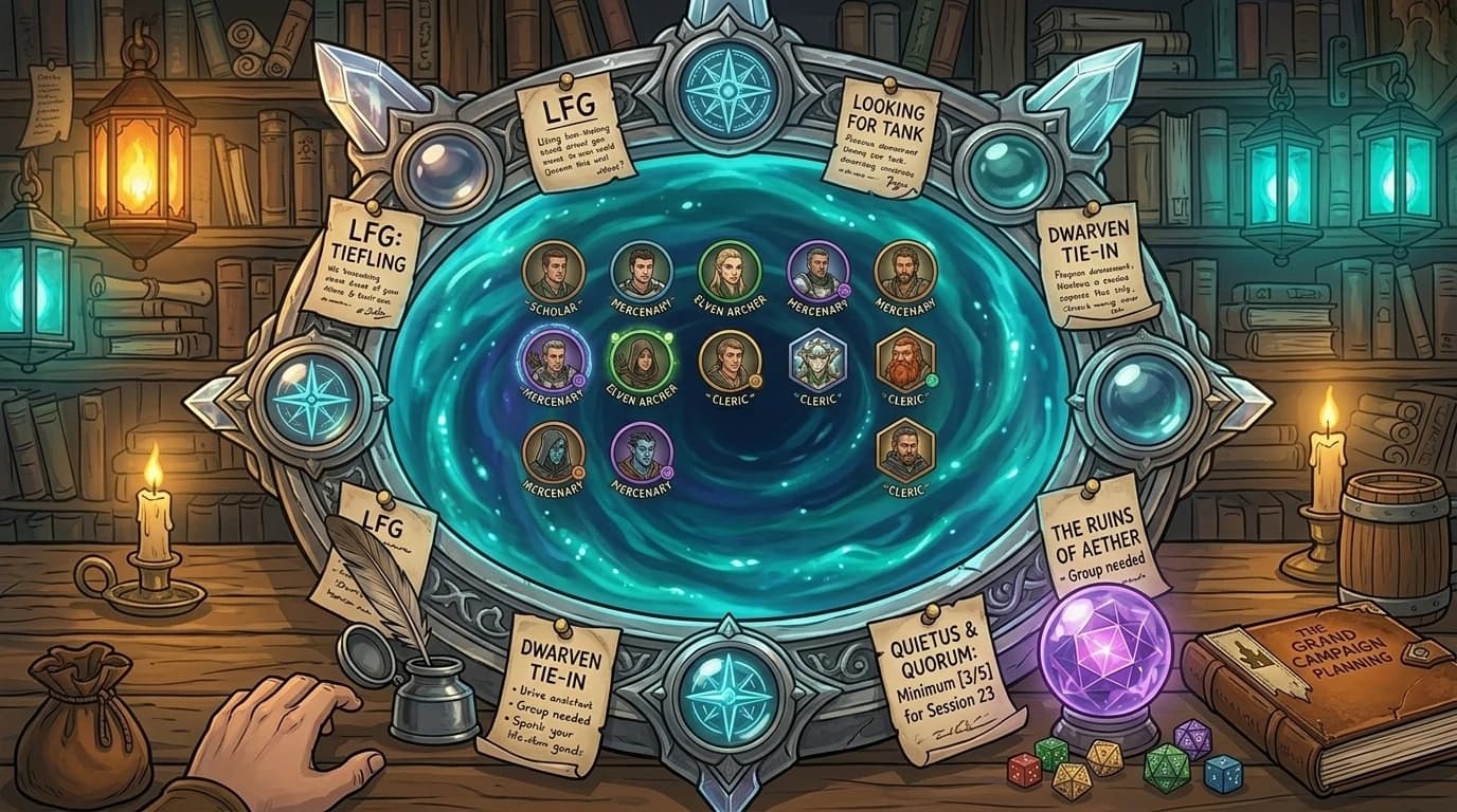 A magical scrying mirror showing adventurer portraits in a grid, like a fantasy LFG board