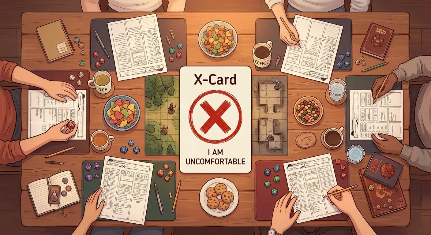 An X-Card on a tabletop RPG table — a safety tool for everyone