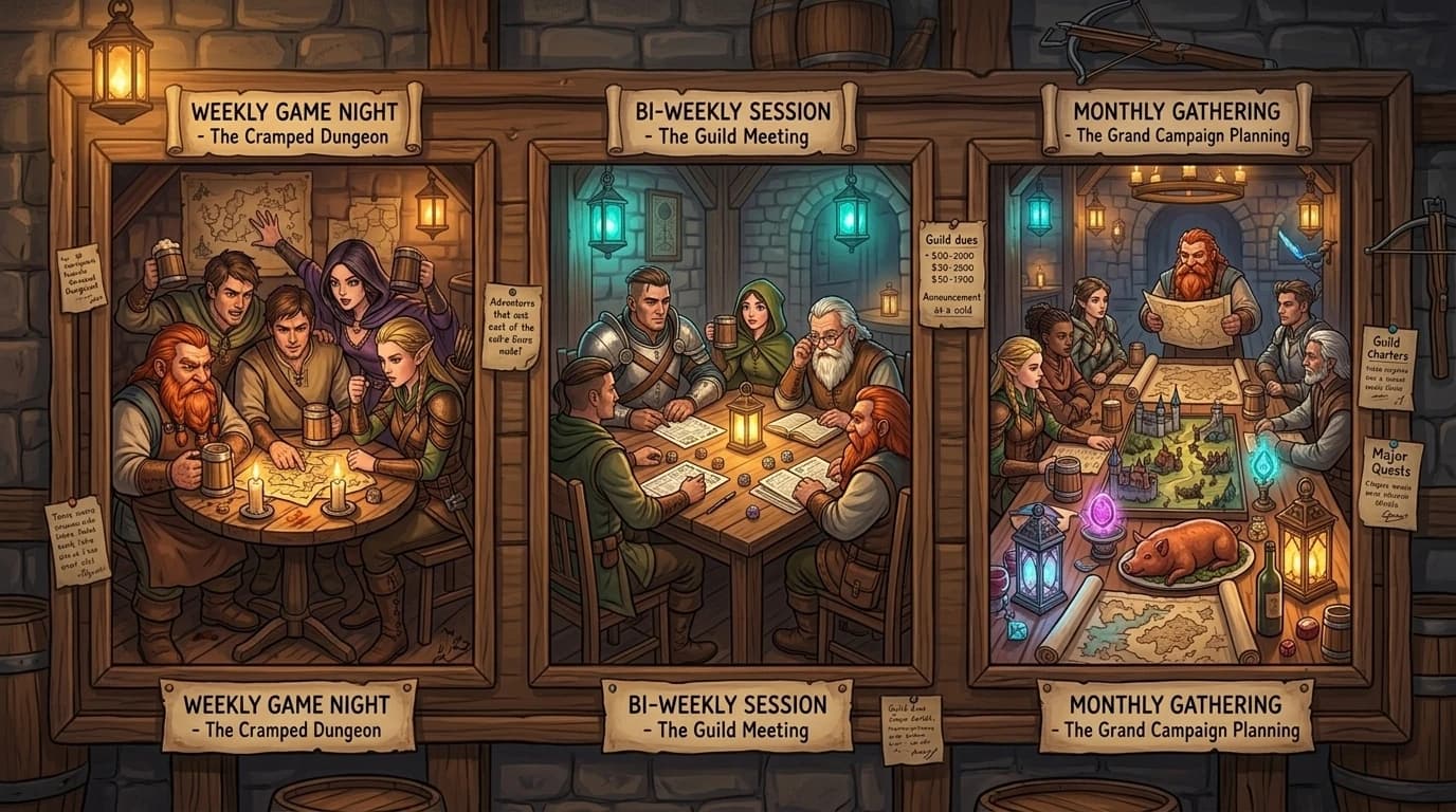 Three vignettes showing weekly, bi-weekly, and monthly game sessions