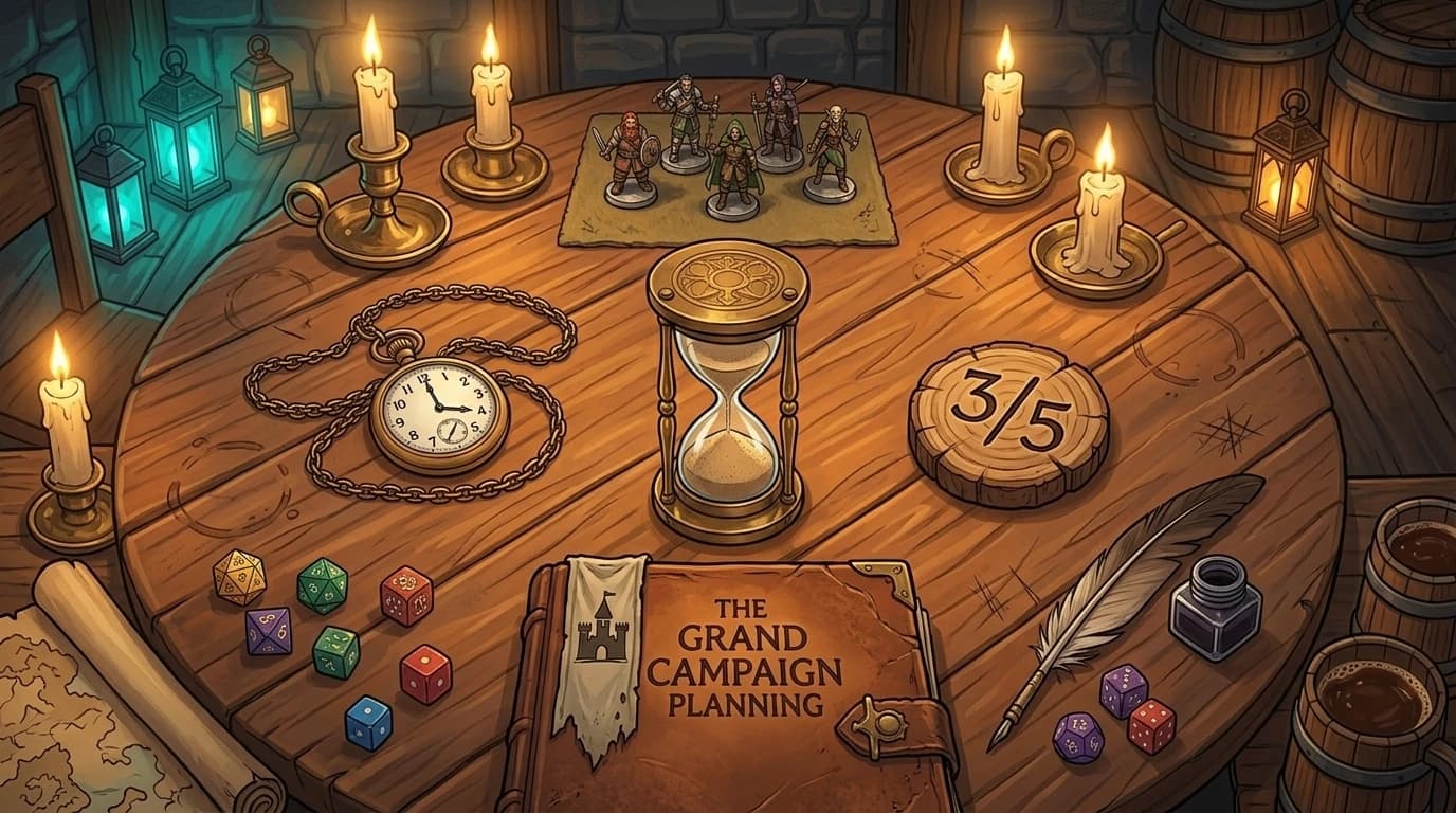 A tabletop arrangement of items representing scheduling factors — figurines, hourglass, campaign journal, and quorum token