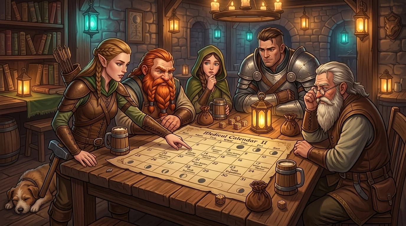 Adventurers gathered around a tavern table studying a parchment calendar