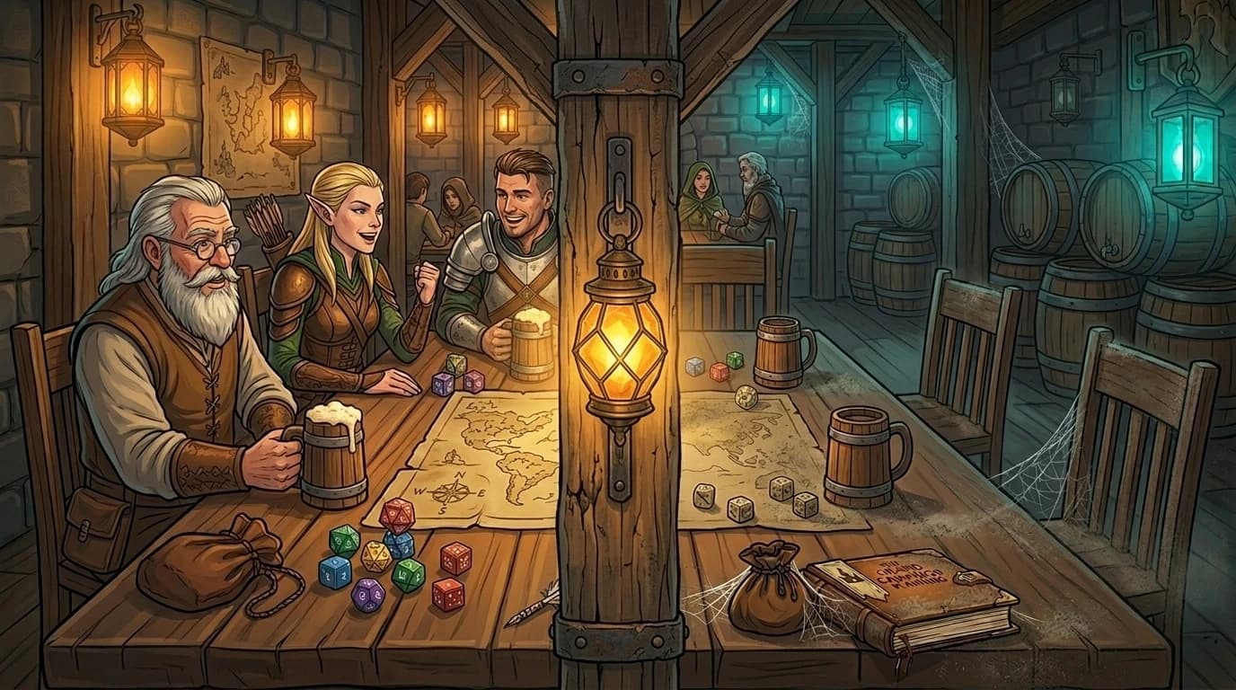 A tavern table split between an active game session in warm light and an empty abandoned table in darkness