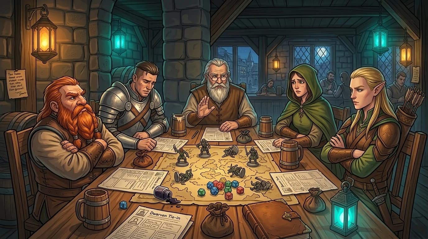 Two adventurers in a tense standoff at the gaming table while the GM tries to mediate