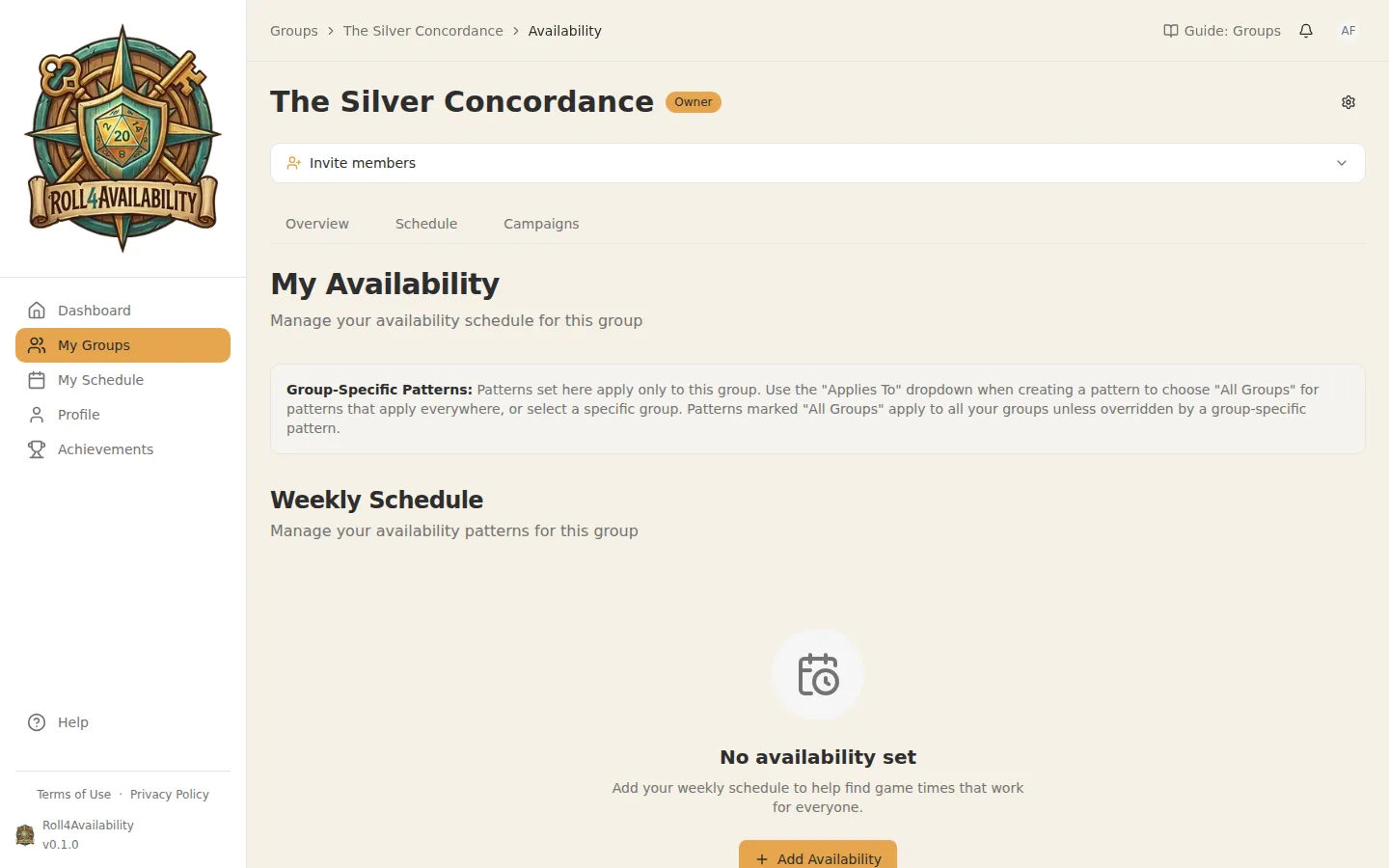 Empty availability page