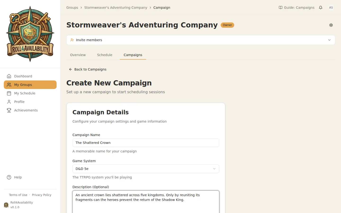 Filled campaign creation form