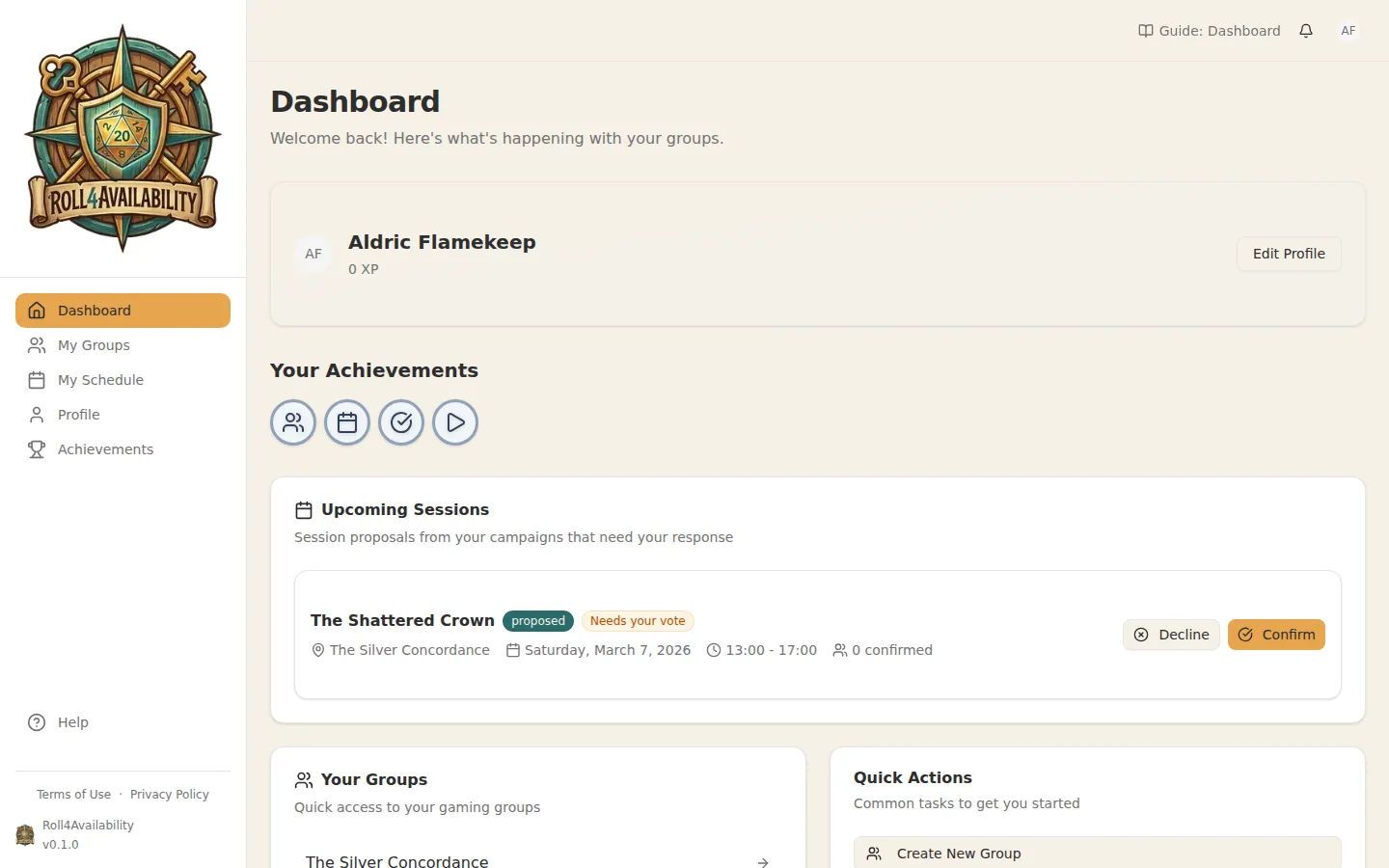 Dashboard showing upcoming sessions and quick actions