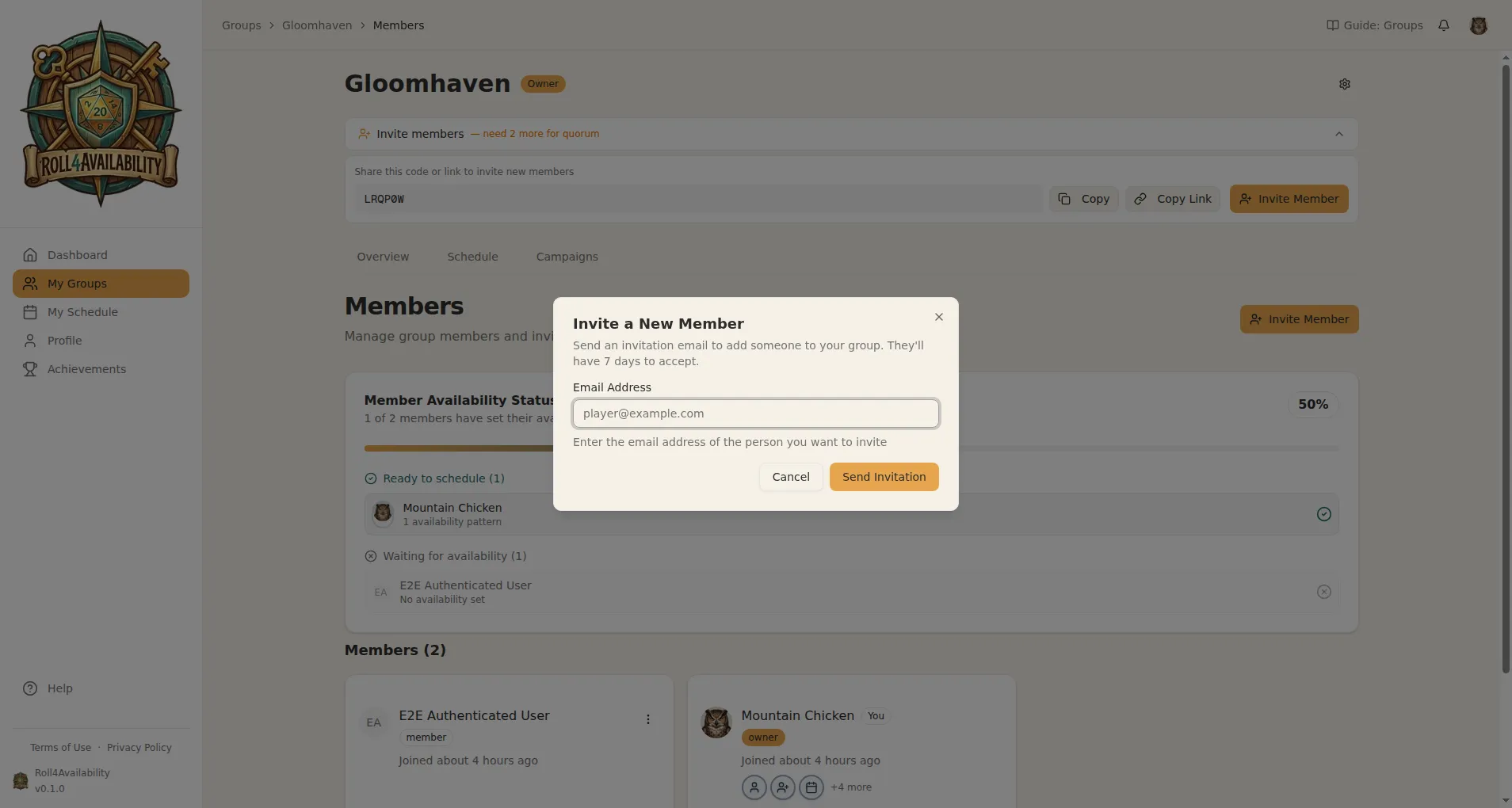 Invite a New Member dialog with email field