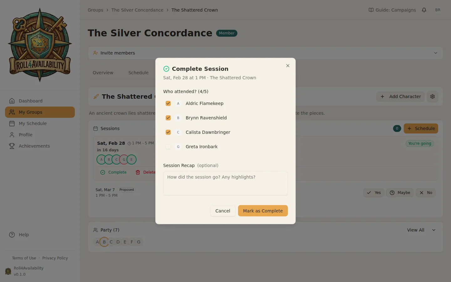 Session completion dialog