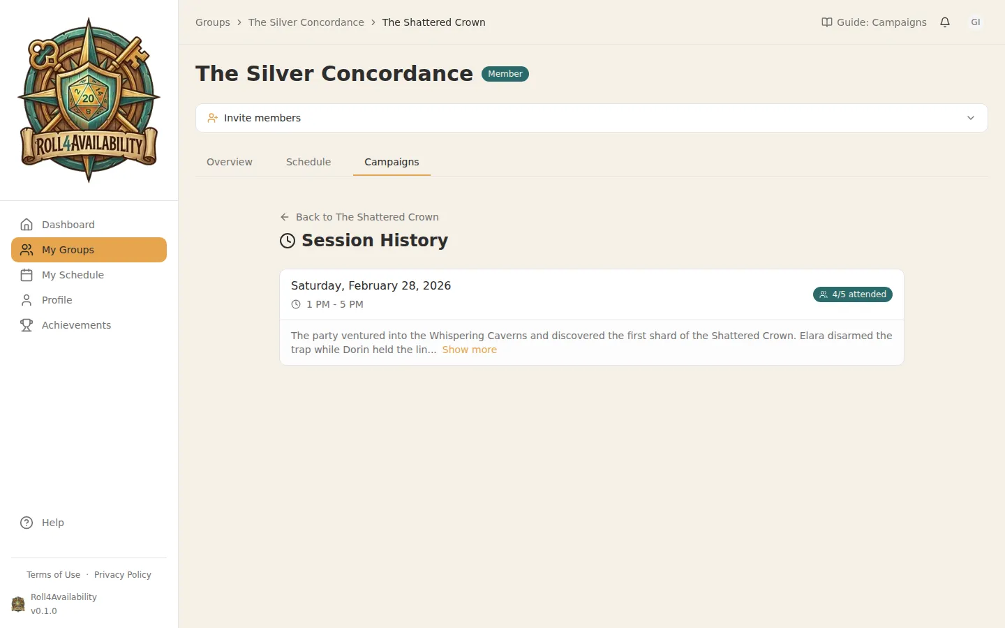 Session history page