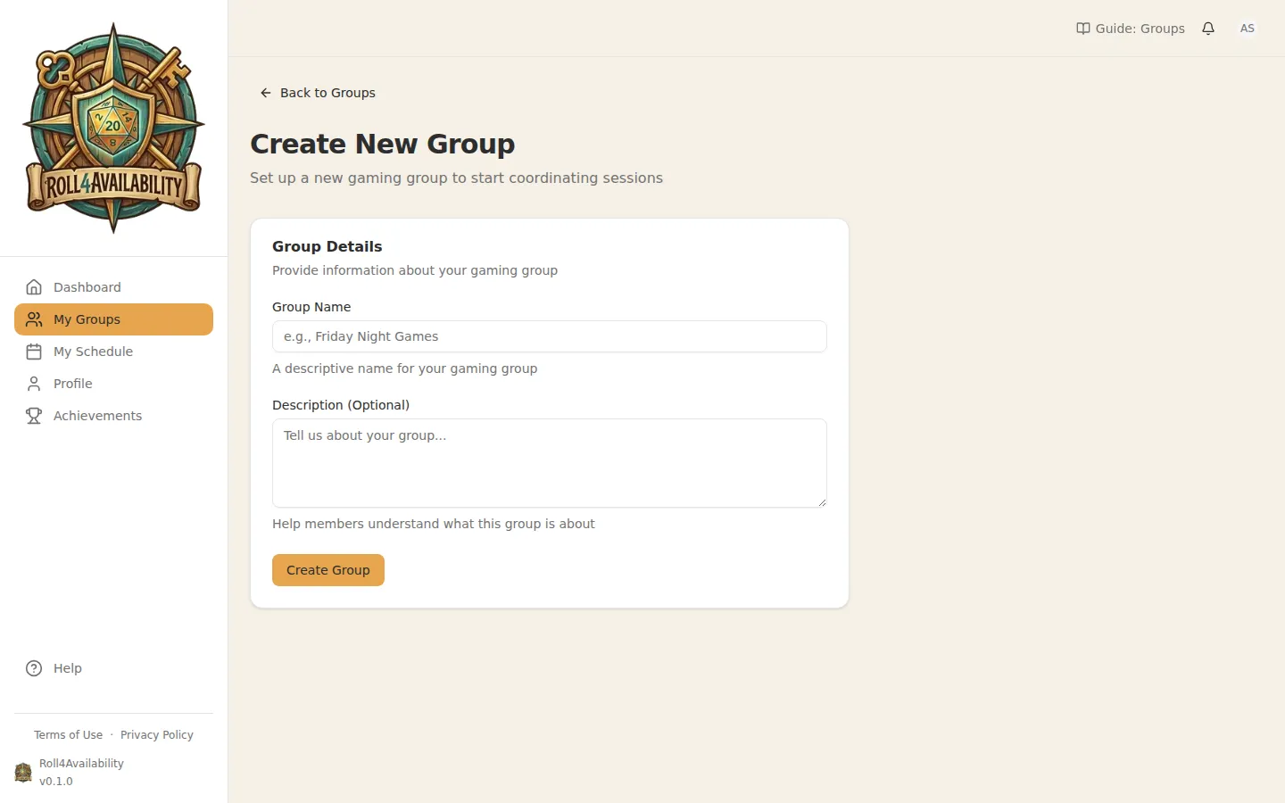 Empty group creation form