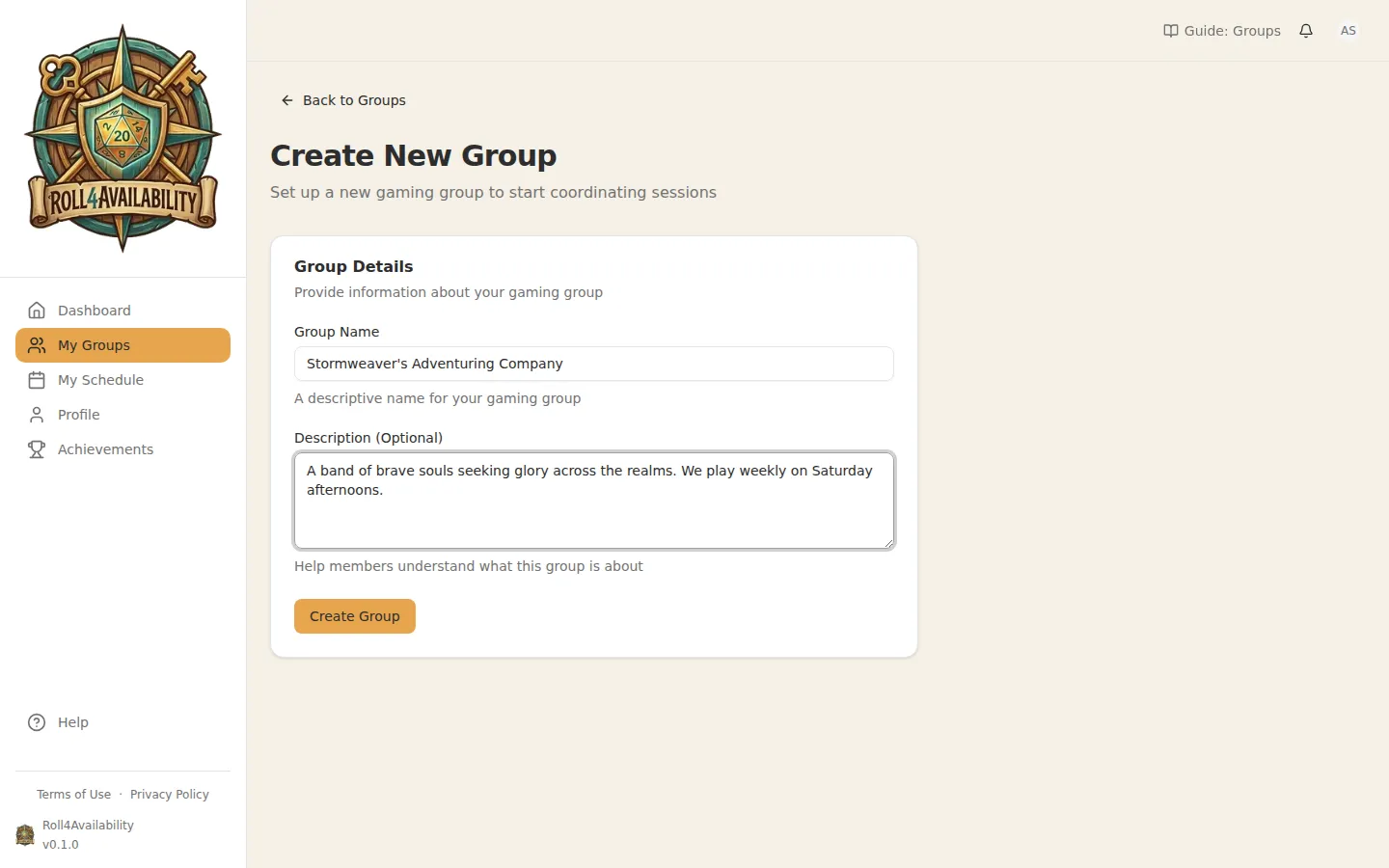 Filled group creation form