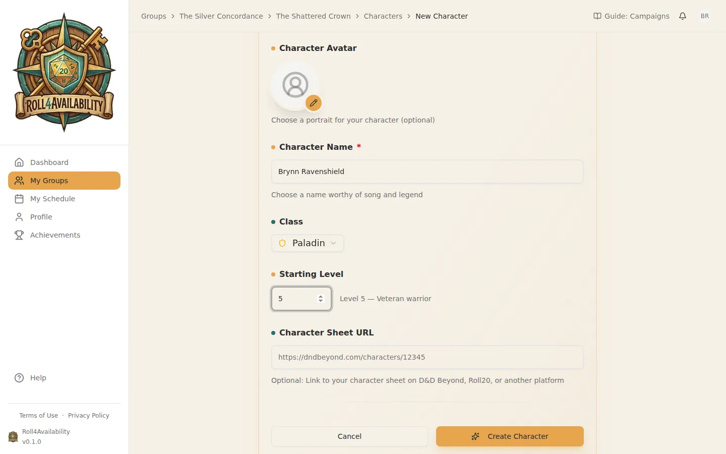 Character creation form filled in