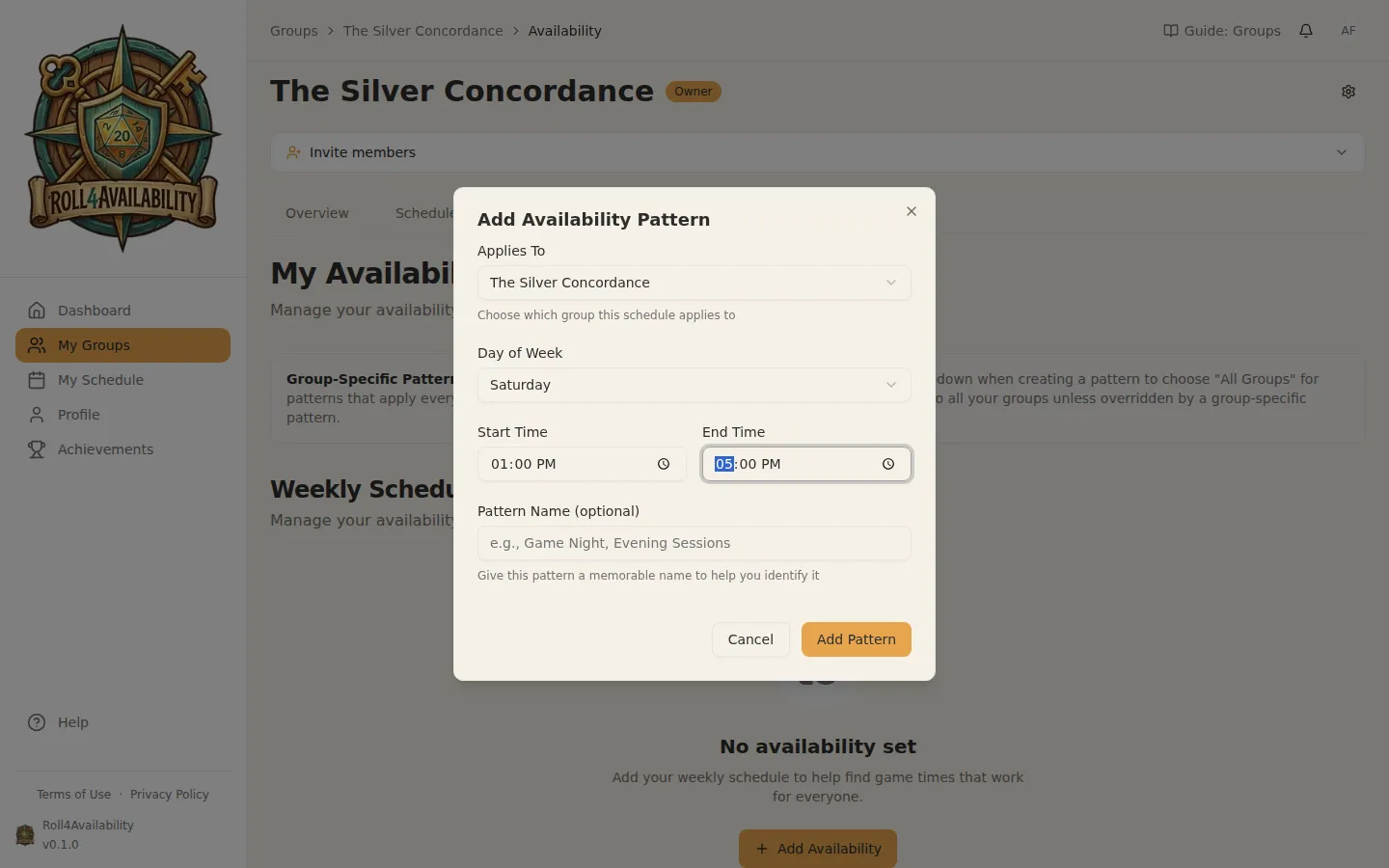 Adding an availability pattern
